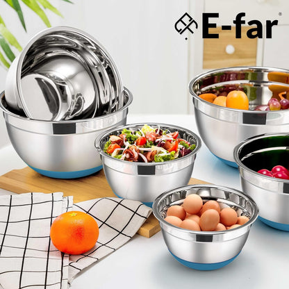 Stainless Steel Mixing Bowls with Lids Set, 5-Piece Nesting Salad Bowls with 3 Grater Attachments and Non-Slip Bottoms, Size 4.6, 2.6, 2, 1.5, 1QT for Kitchen (Khaki)