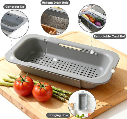 Extendable Colander Strainer Basket, Over the Sink Colander and Strainer for Kitchen, Wash Vegetables and Fruits, Drain Pasta and Dry Dishes, Adjustable Colander from 13.5In to 18.7In, Gray