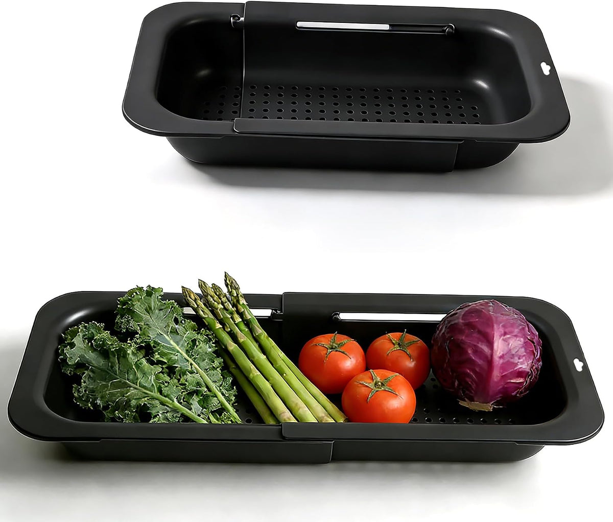 Extendable Colander Strainer Basket, Over the Sink Colander and Strainer for Kitchen, Wash Vegetables and Fruits, Drain Pasta and Dry Dishes, Adjustable Colander from 13.5In to 18.7In, Gray