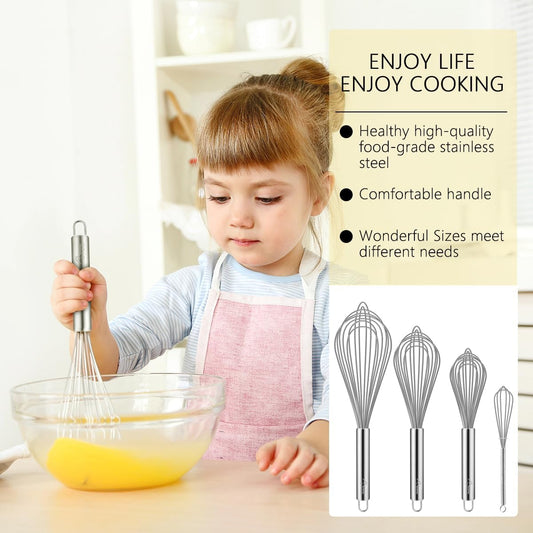 Stainless Steel Whisk Set of 4, Food Grade Balloon Whisk Egg Beater, Thicken Wire Mixing Whisk for Baking, Cooking, Whisking Cream, Sauce, Pancake Batter