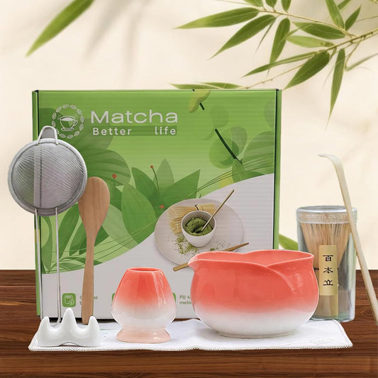 8 Pcs Matcha Whisk Set Chasen Matcha Whisk Bamboo Bowl with Spout Sifter Spoon Scoop Whisk Holder Bamboo Mat Complete Matcha Making Kit (Red Petal)