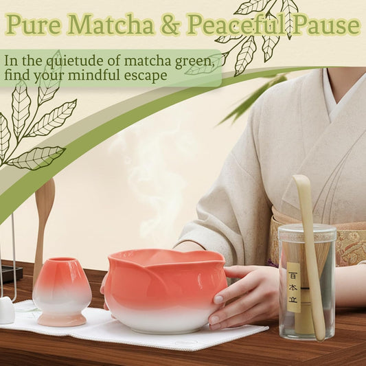 8 Pcs Matcha Whisk Set Chasen Matcha Whisk Bamboo Bowl with Spout Sifter Spoon Scoop Whisk Holder Bamboo Mat Complete Matcha Making Kit (Red Petal)