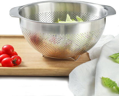18/8 Stainless Steel Microwell Colander, 2.5QT Large Capacity with Handle Kitchen Food Strainer Basket for Washing Vegetables, Fruits, Rice, and Pasta (primary colour, 2.5QT)