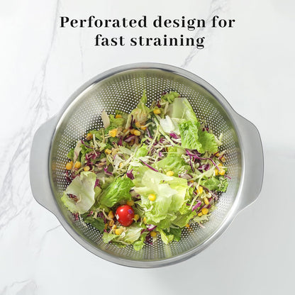 18/8 Stainless Steel Microwell Colander, 2.5QT Large Capacity with Handle Kitchen Food Strainer Basket for Washing Vegetables, Fruits, Rice, and Pasta (primary colour, 2.5QT)