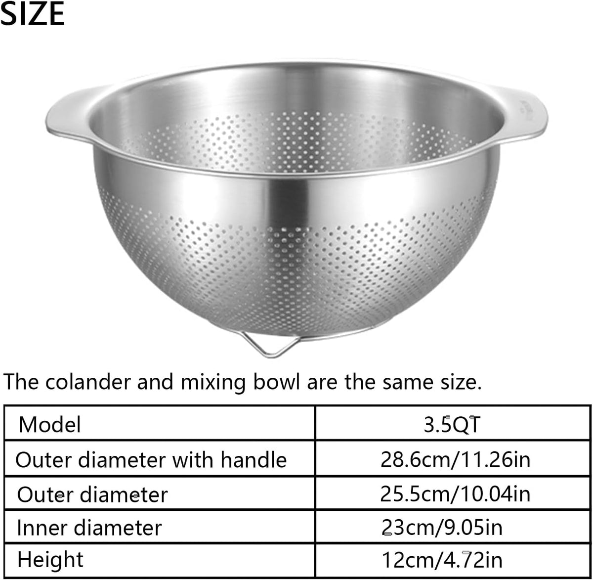 18/8 Stainless Steel Microwell Colander, 2.5QT Large Capacity with Handle Kitchen Food Strainer Basket for Washing Vegetables, Fruits, Rice, and Pasta (primary colour, 2.5QT)