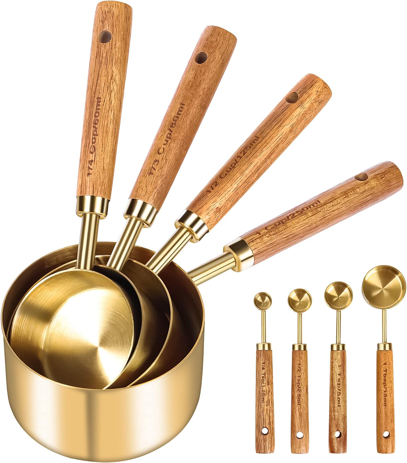 8Pcs Gold Measuring Cups and Spoons Set, Wooden Handle, Premium Stainless Steel with Metric & US Measurements, Nesting for Dry/Liquid Kitchen/Food/Baking