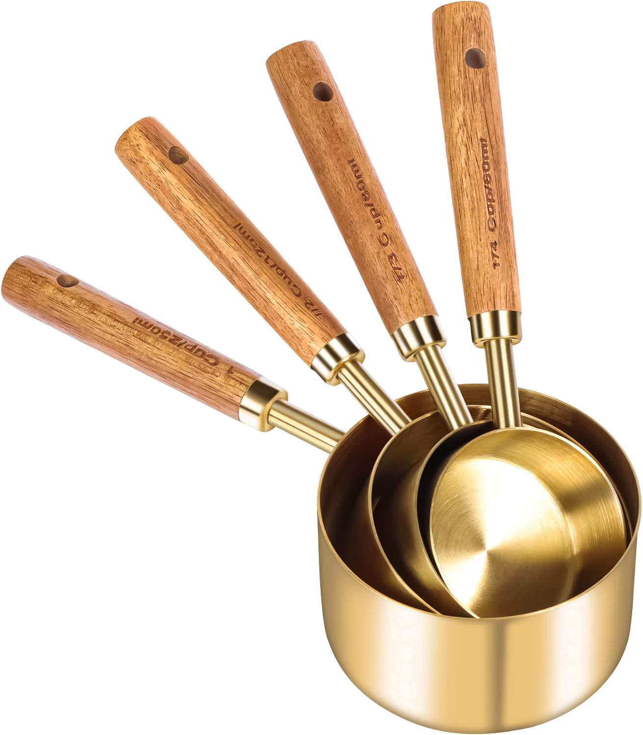 8Pcs Gold Measuring Cups and Spoons Set, Wooden Handle, Premium Stainless Steel with Metric & US Measurements, Nesting for Dry/Liquid Kitchen/Food/Baking