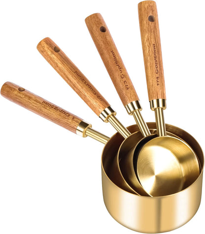8Pcs Gold Measuring Cups and Spoons Set, Wooden Handle, Premium Stainless Steel with Metric & US Measurements, Nesting for Dry/Liquid Kitchen/Food/Baking