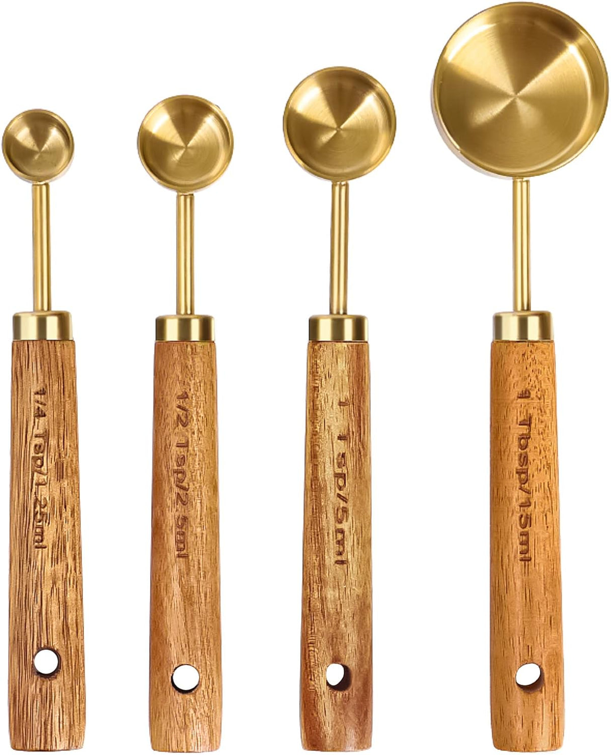 8Pcs Gold Measuring Cups and Spoons Set, Wooden Handle, Premium Stainless Steel with Metric & US Measurements, Nesting for Dry/Liquid Kitchen/Food/Baking