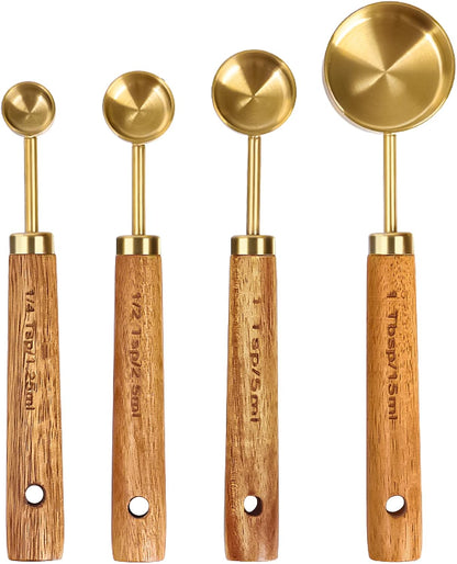 8Pcs Gold Measuring Cups and Spoons Set, Wooden Handle, Premium Stainless Steel with Metric & US Measurements, Nesting for Dry/Liquid Kitchen/Food/Baking