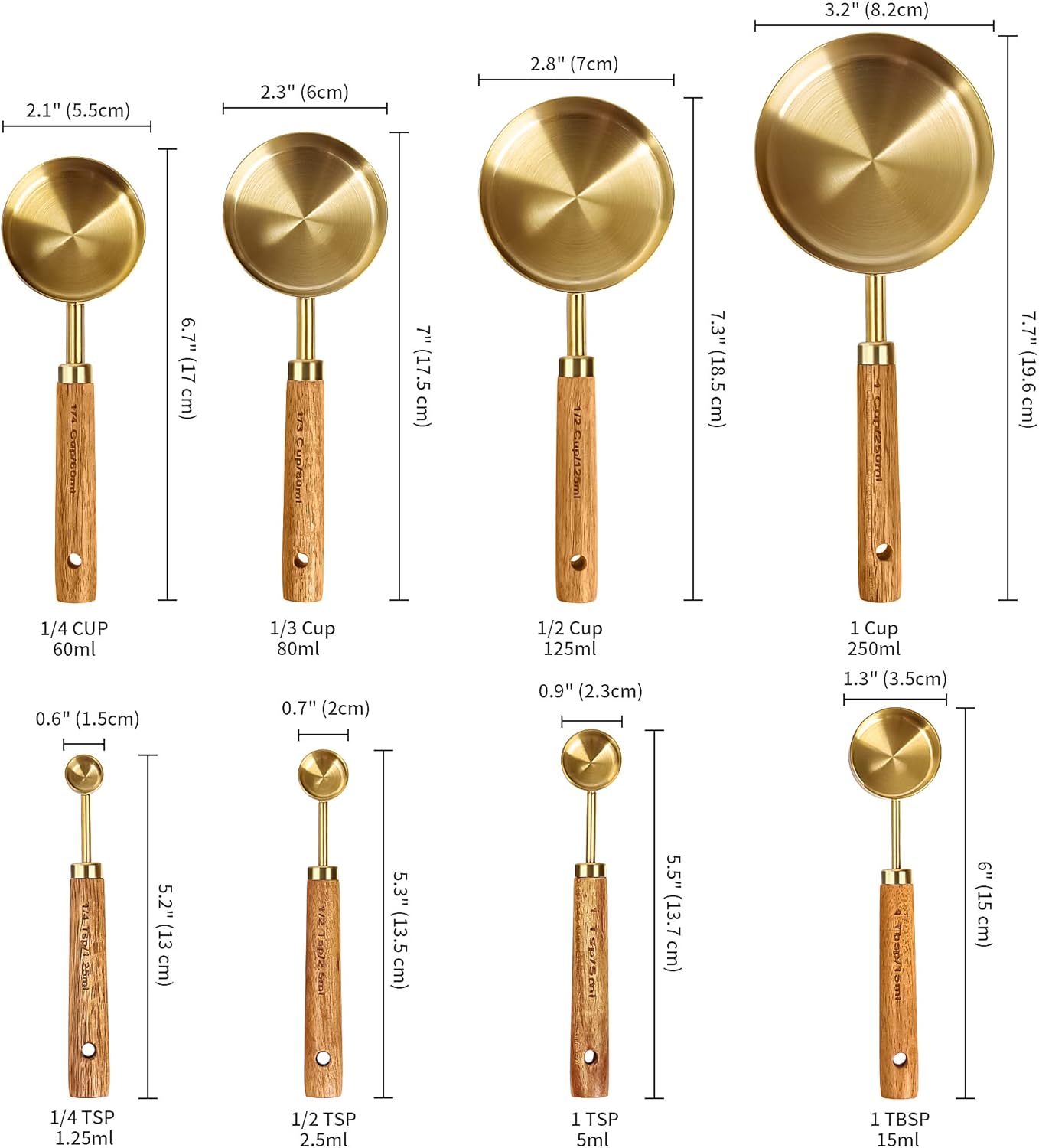 8Pcs Gold Measuring Cups and Spoons Set, Wooden Handle, Premium Stainless Steel with Metric & US Measurements, Nesting for Dry/Liquid Kitchen/Food/Baking