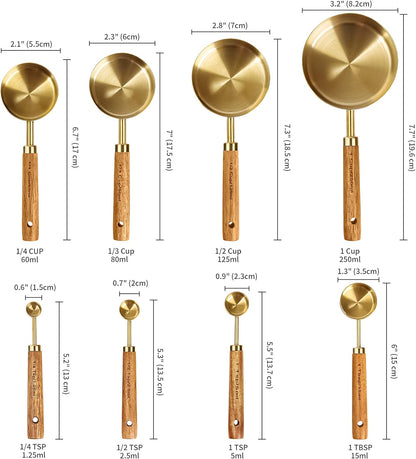 8Pcs Gold Measuring Cups and Spoons Set, Wooden Handle, Premium Stainless Steel with Metric & US Measurements, Nesting for Dry/Liquid Kitchen/Food/Baking