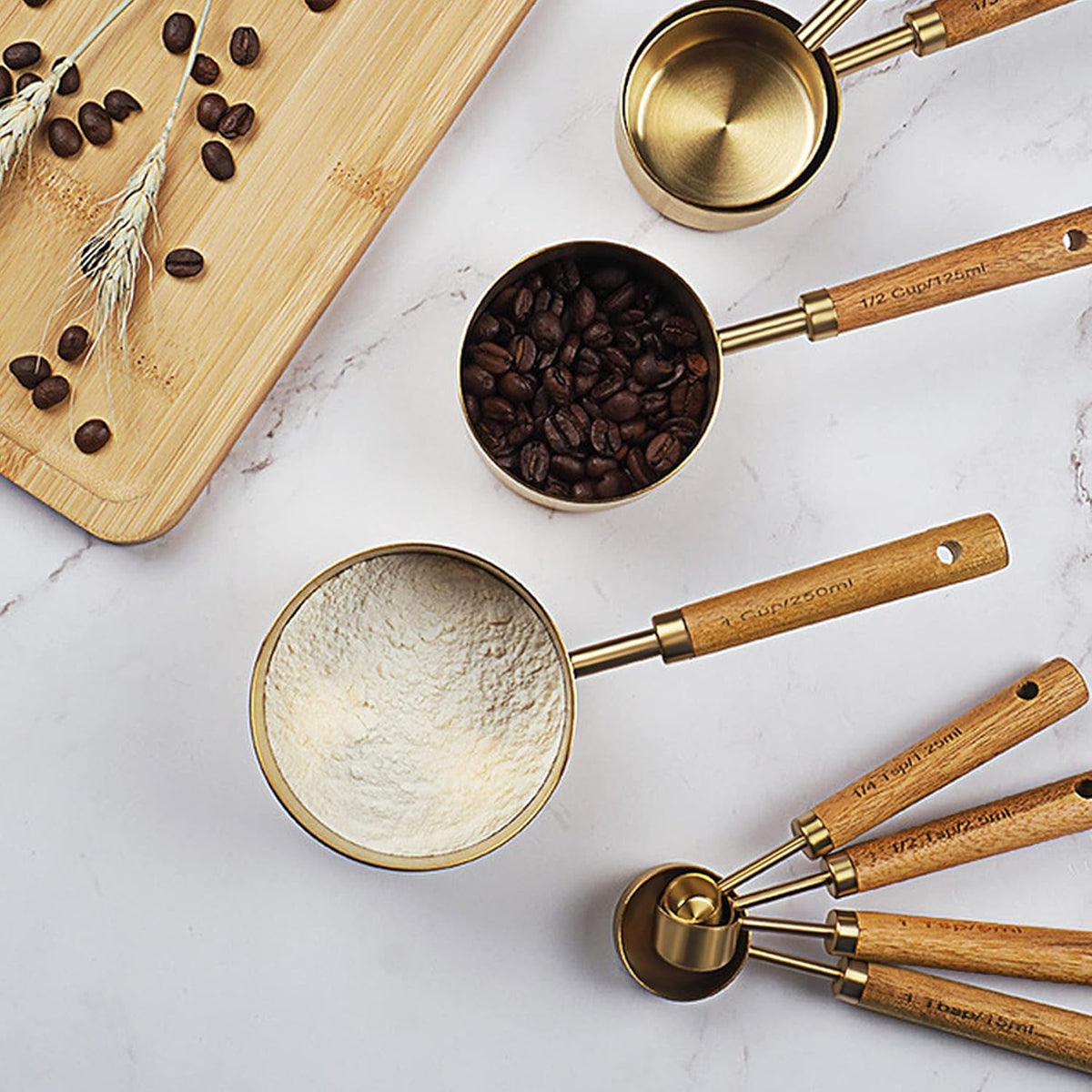 8Pcs Gold Measuring Cups and Spoons Set, Wooden Handle, Premium Stainless Steel with Metric & US Measurements, Nesting for Dry/Liquid Kitchen/Food/Baking