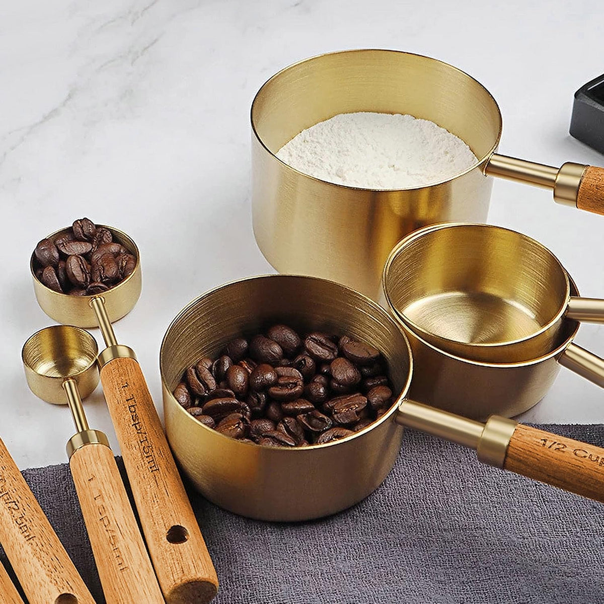 8Pcs Gold Measuring Cups and Spoons Set, Wooden Handle, Premium Stainless Steel with Metric & US Measurements, Nesting for Dry/Liquid Kitchen/Food/Baking