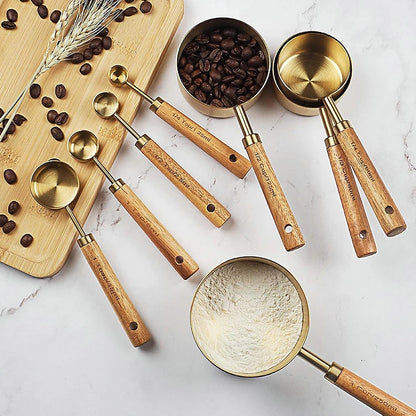 8Pcs Gold Measuring Cups and Spoons Set, Wooden Handle, Premium Stainless Steel with Metric & US Measurements, Nesting for Dry/Liquid Kitchen/Food/Baking