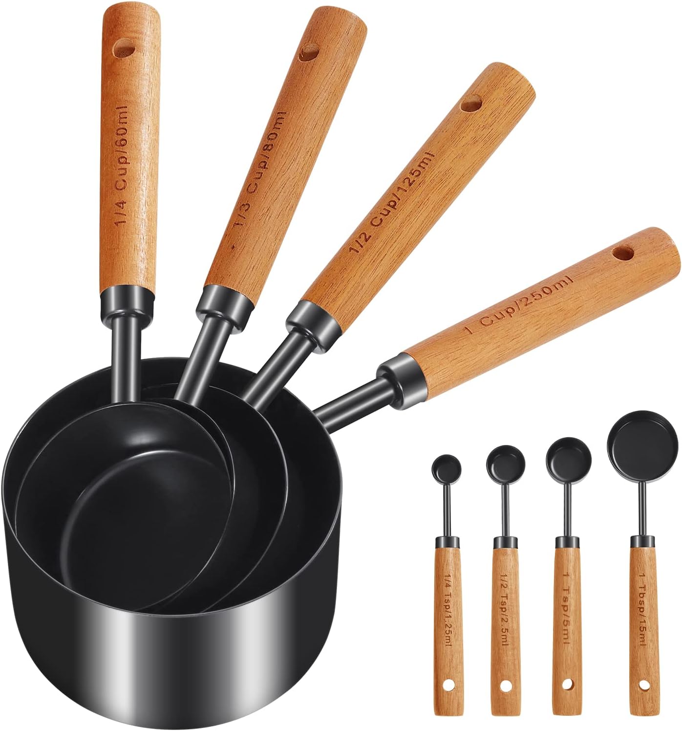 8Pcs Gold Measuring Cups and Spoons Set, Wooden Handle, Premium Stainless Steel with Metric & US Measurements, Nesting for Dry/Liquid Kitchen/Food/Baking