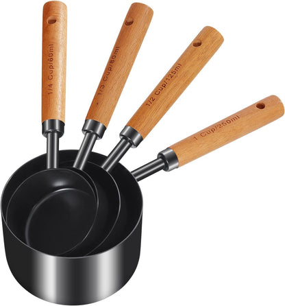 8Pcs Gold Measuring Cups and Spoons Set, Wooden Handle, Premium Stainless Steel with Metric & US Measurements, Nesting for Dry/Liquid Kitchen/Food/Baking