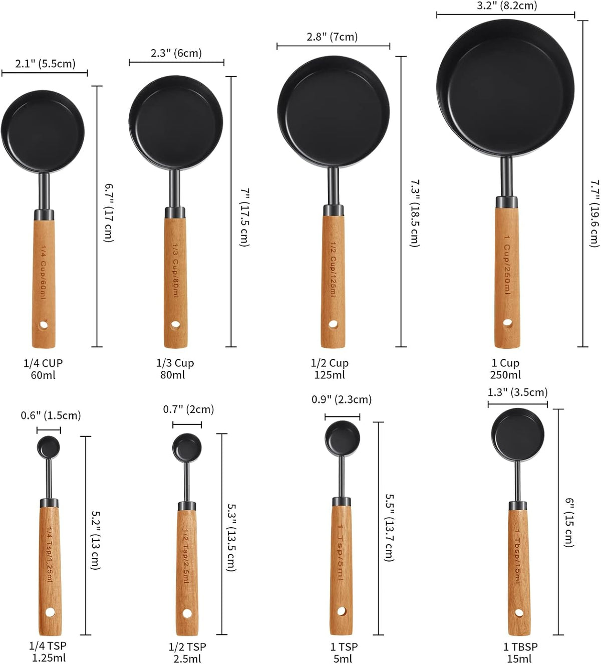 8Pcs Gold Measuring Cups and Spoons Set, Wooden Handle, Premium Stainless Steel with Metric & US Measurements, Nesting for Dry/Liquid Kitchen/Food/Baking