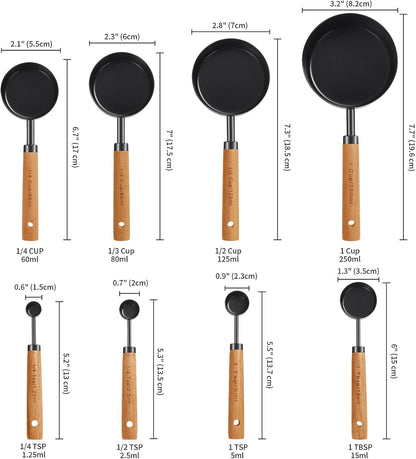 8Pcs Gold Measuring Cups and Spoons Set, Wooden Handle, Premium Stainless Steel with Metric & US Measurements, Nesting for Dry/Liquid Kitchen/Food/Baking