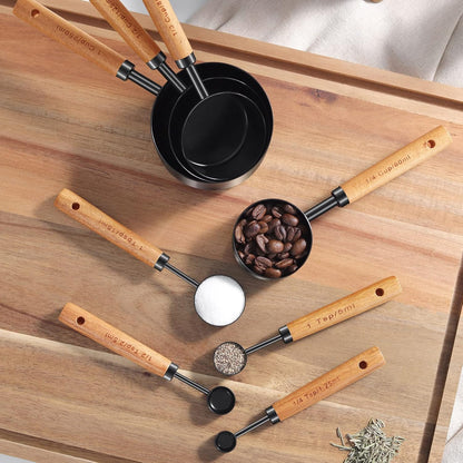 8Pcs Gold Measuring Cups and Spoons Set, Wooden Handle, Premium Stainless Steel with Metric & US Measurements, Nesting for Dry/Liquid Kitchen/Food/Baking