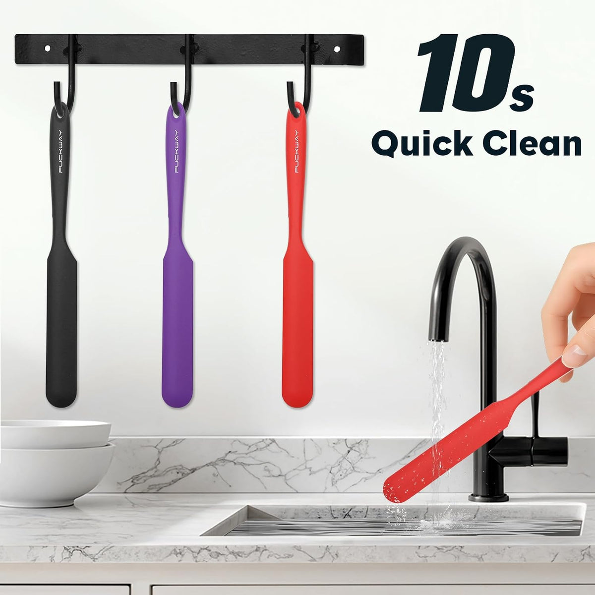 3pcs Silicone Jar Spatulas 10in Long Skinny Heat-Resistant, Narrow Spatula Set for Scraping Peanut Butter, Sourdough, Jam in Small Containers, Blenders & Baking (Black)