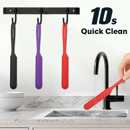 3pcs Silicone Jar Spatulas 10in Long Skinny Heat-Resistant, Narrow Spatula Set for Scraping Peanut Butter, Sourdough, Jam in Small Containers, Blenders & Baking (Black)