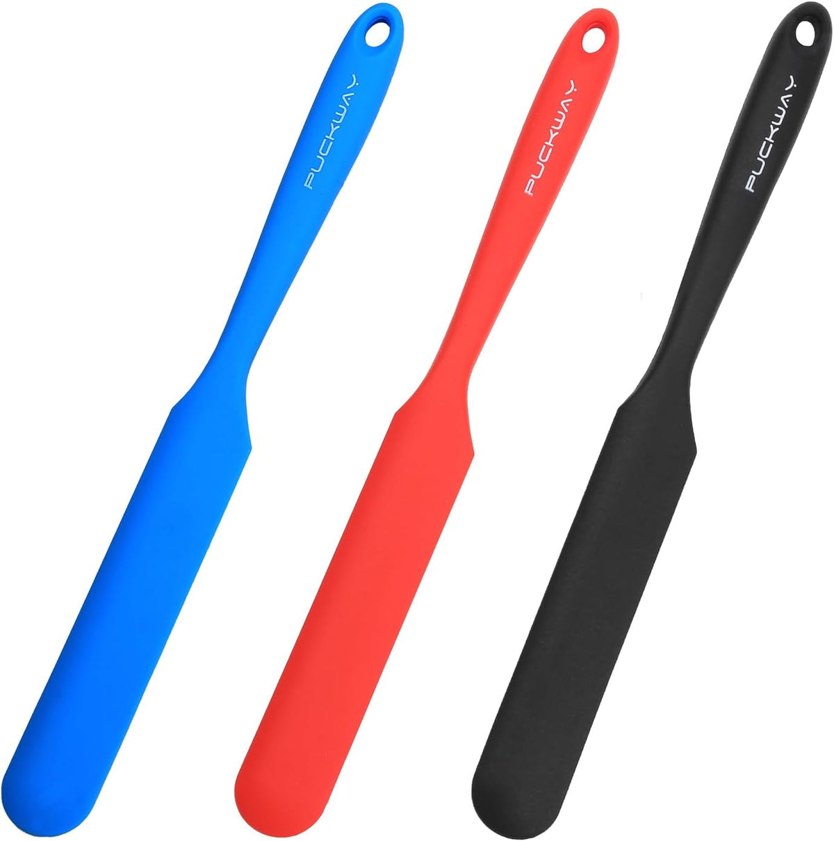 3pcs Silicone Jar Spatulas 10in Long Skinny Heat-Resistant, Narrow Spatula Set for Scraping Peanut Butter, Sourdough, Jam in Small Containers, Blenders & Baking (Black)