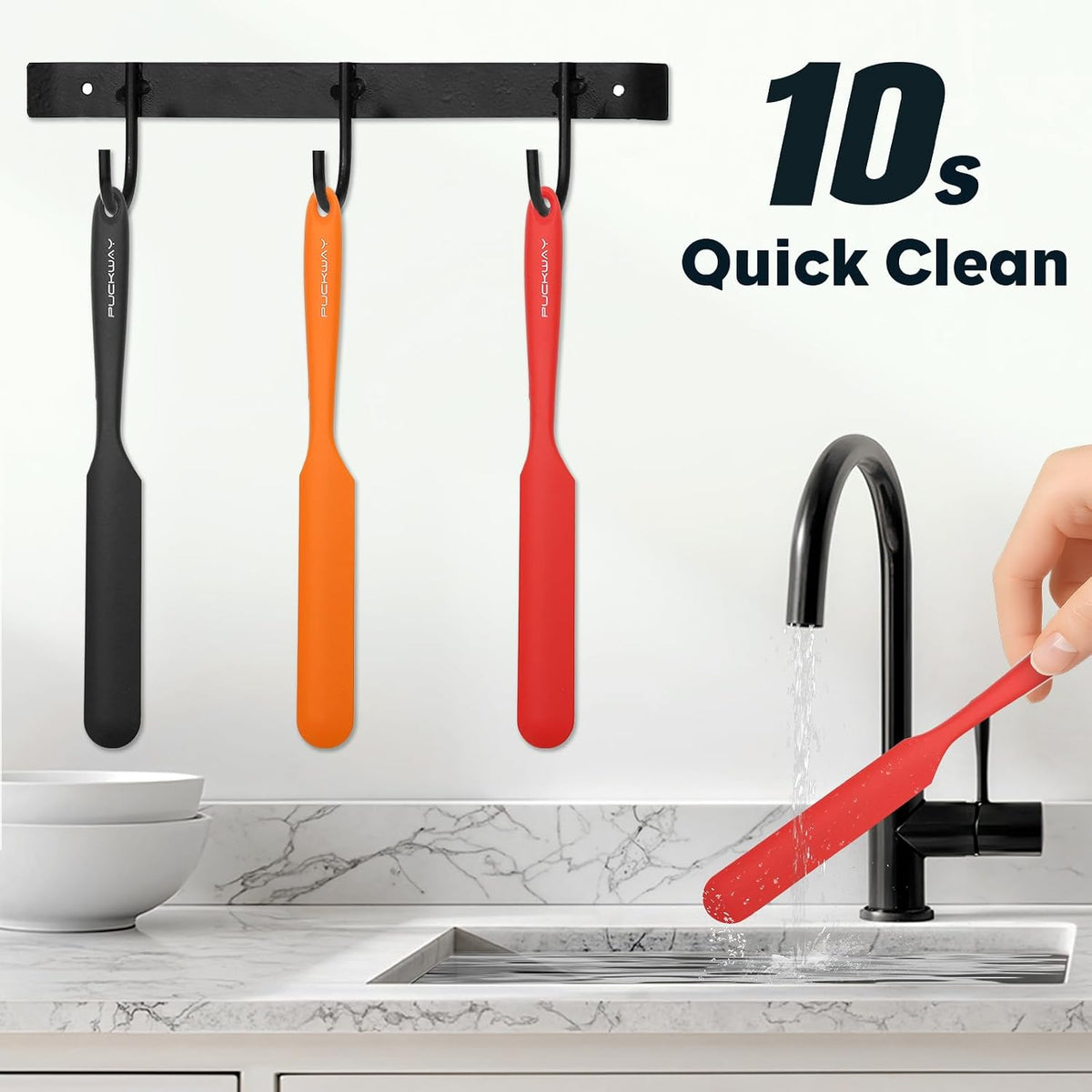 3pcs Silicone Jar Spatulas 10in Long Skinny Heat-Resistant, Narrow Spatula Set for Scraping Peanut Butter, Sourdough, Jam in Small Containers, Blenders & Baking (Black)