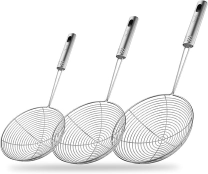 Spider Strainer Set of 3 Asian Strainer Ladle Stainless Steel Wire Skimmer Spoon with Handle for Kitchen Frying Food, Pasta, Spaghetti, Noodle-30.5cm, 32cm, 35cm