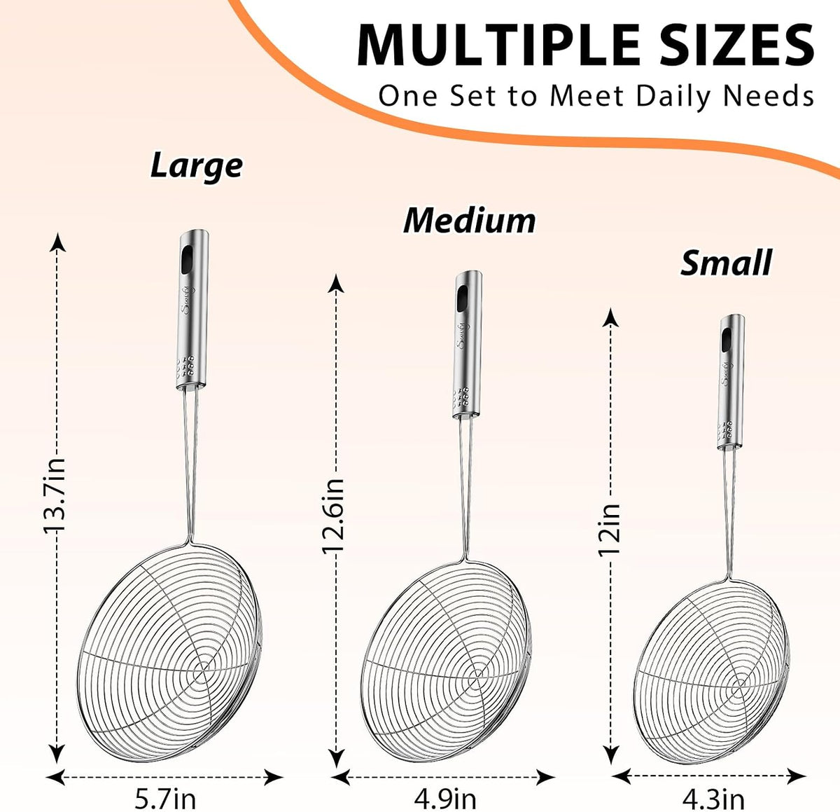 Spider Strainer Set of 3 Asian Strainer Ladle Stainless Steel Wire Skimmer Spoon with Handle for Kitchen Frying Food, Pasta, Spaghetti, Noodle-30.5cm, 32cm, 35cm