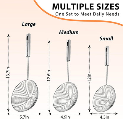 Spider Strainer Set of 3 Asian Strainer Ladle Stainless Steel Wire Skimmer Spoon with Handle for Kitchen Frying Food, Pasta, Spaghetti, Noodle-30.5cm, 32cm, 35cm