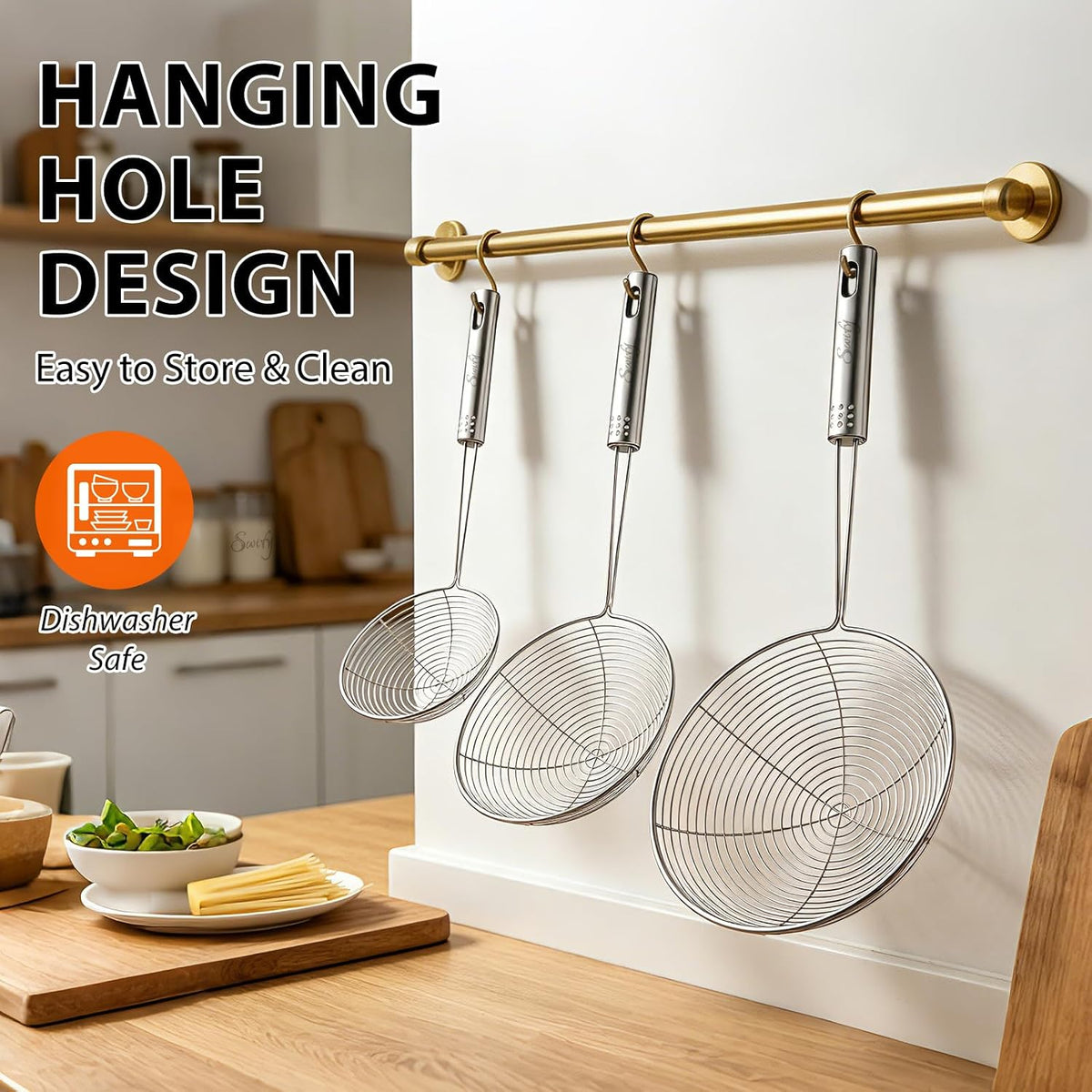 Spider Strainer Set of 3 Asian Strainer Ladle Stainless Steel Wire Skimmer Spoon with Handle for Kitchen Frying Food, Pasta, Spaghetti, Noodle-30.5cm, 32cm, 35cm