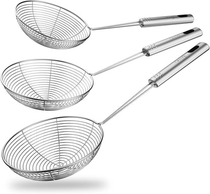 Spider Strainer Set of 3 Asian Strainer Ladle Stainless Steel Wire Skimmer Spoon with Handle for Kitchen Frying Food, Pasta, Spaghetti, Noodle-30.5cm, 32cm, 35cm