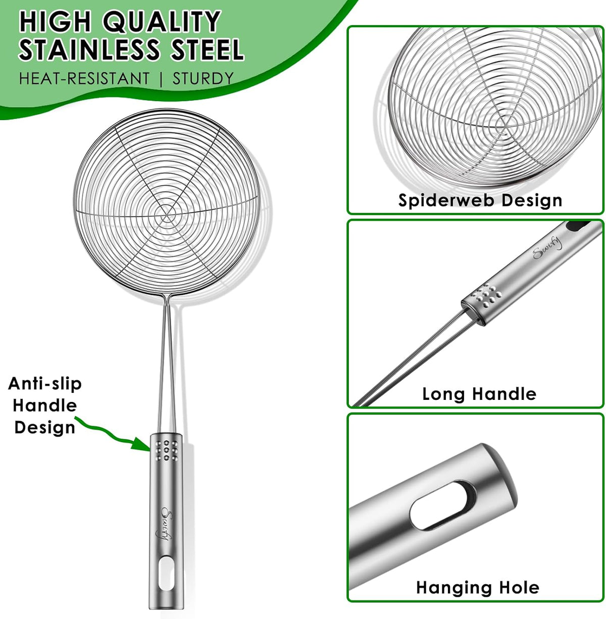 Spider Strainer Set of 3 Asian Strainer Ladle Stainless Steel Wire Skimmer Spoon with Handle for Kitchen Frying Food, Pasta, Spaghetti, Noodle-30.5cm, 32cm, 35cm