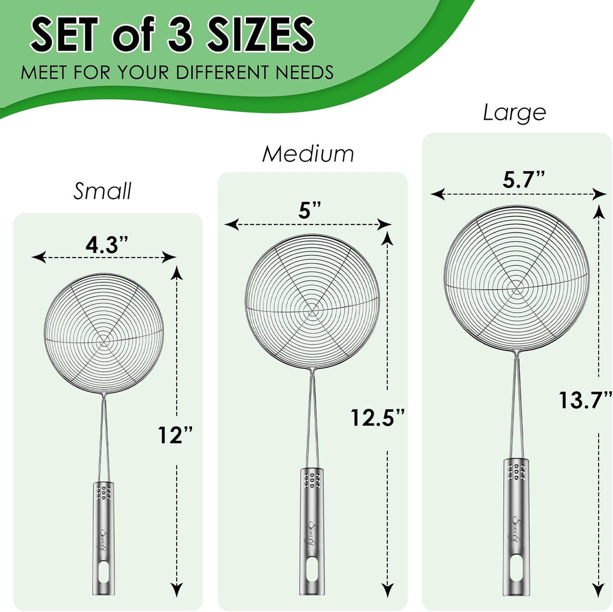 Spider Strainer Set of 3 Asian Strainer Ladle Stainless Steel Wire Skimmer Spoon with Handle for Kitchen Frying Food, Pasta, Spaghetti, Noodle-30.5cm, 32cm, 35cm