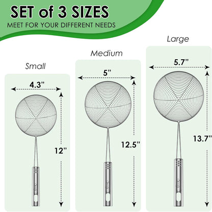 Spider Strainer Set of 3 Asian Strainer Ladle Stainless Steel Wire Skimmer Spoon with Handle for Kitchen Frying Food, Pasta, Spaghetti, Noodle-30.5cm, 32cm, 35cm