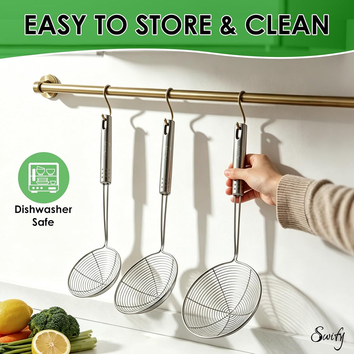 Spider Strainer Set of 3 Asian Strainer Ladle Stainless Steel Wire Skimmer Spoon with Handle for Kitchen Frying Food, Pasta, Spaghetti, Noodle-30.5cm, 32cm, 35cm