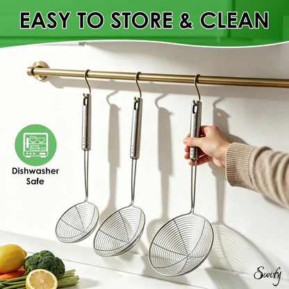 Spider Strainer Set of 3 Asian Strainer Ladle Stainless Steel Wire Skimmer Spoon with Handle for Kitchen Frying Food, Pasta, Spaghetti, Noodle-30.5cm, 32cm, 35cm