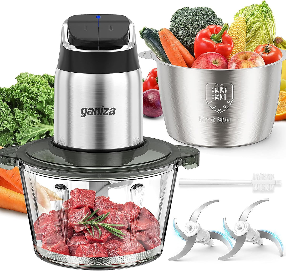 Food Processor with Dual Bowls, 2-Speed Food Chopper & Meat Grinder