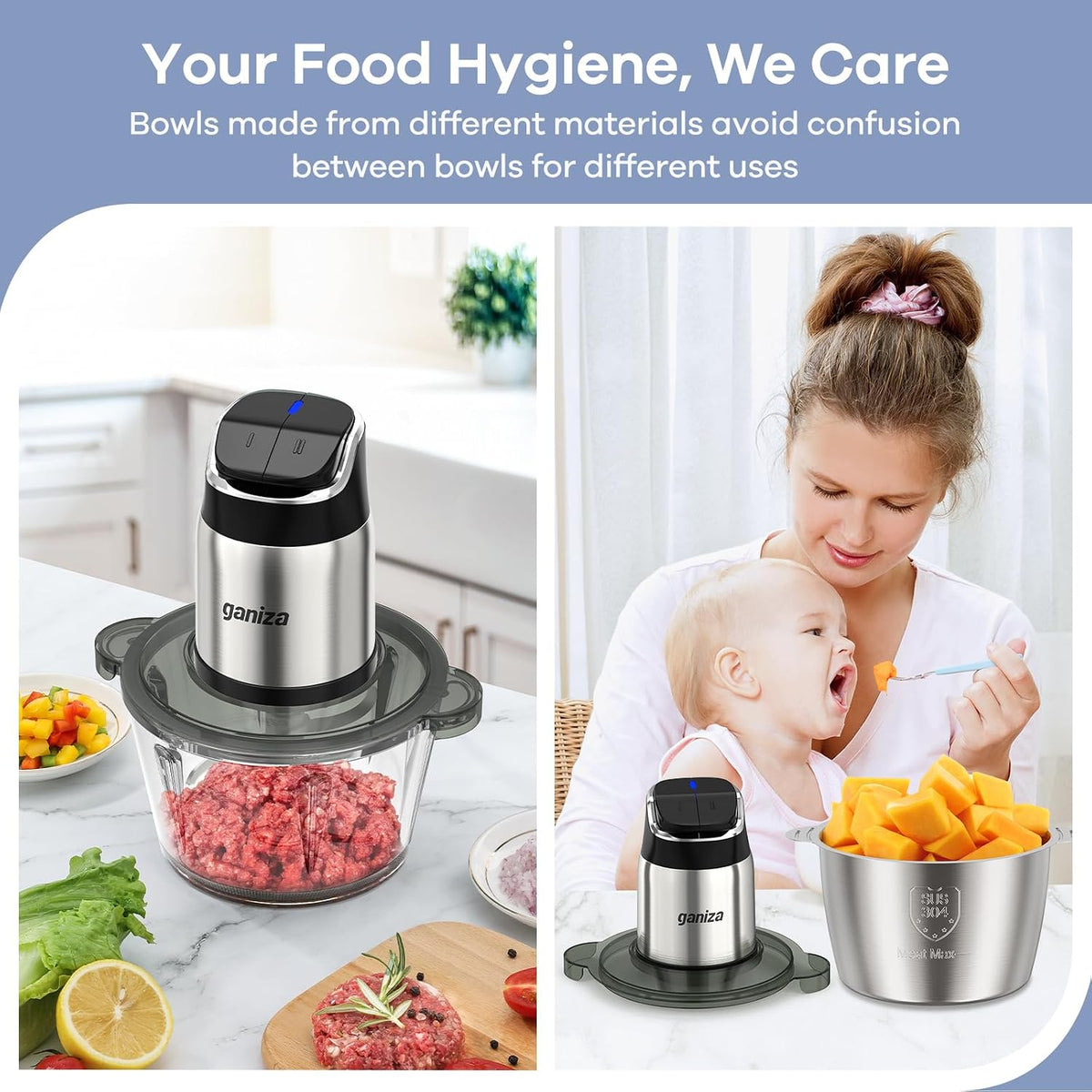 Food Processor with Dual Bowls, 2-Speed Food Chopper & Meat Grinder