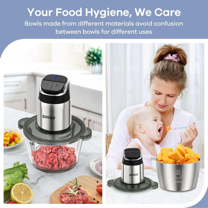 Food Processor with Dual Bowls, 2-Speed Food Chopper & Meat Grinder