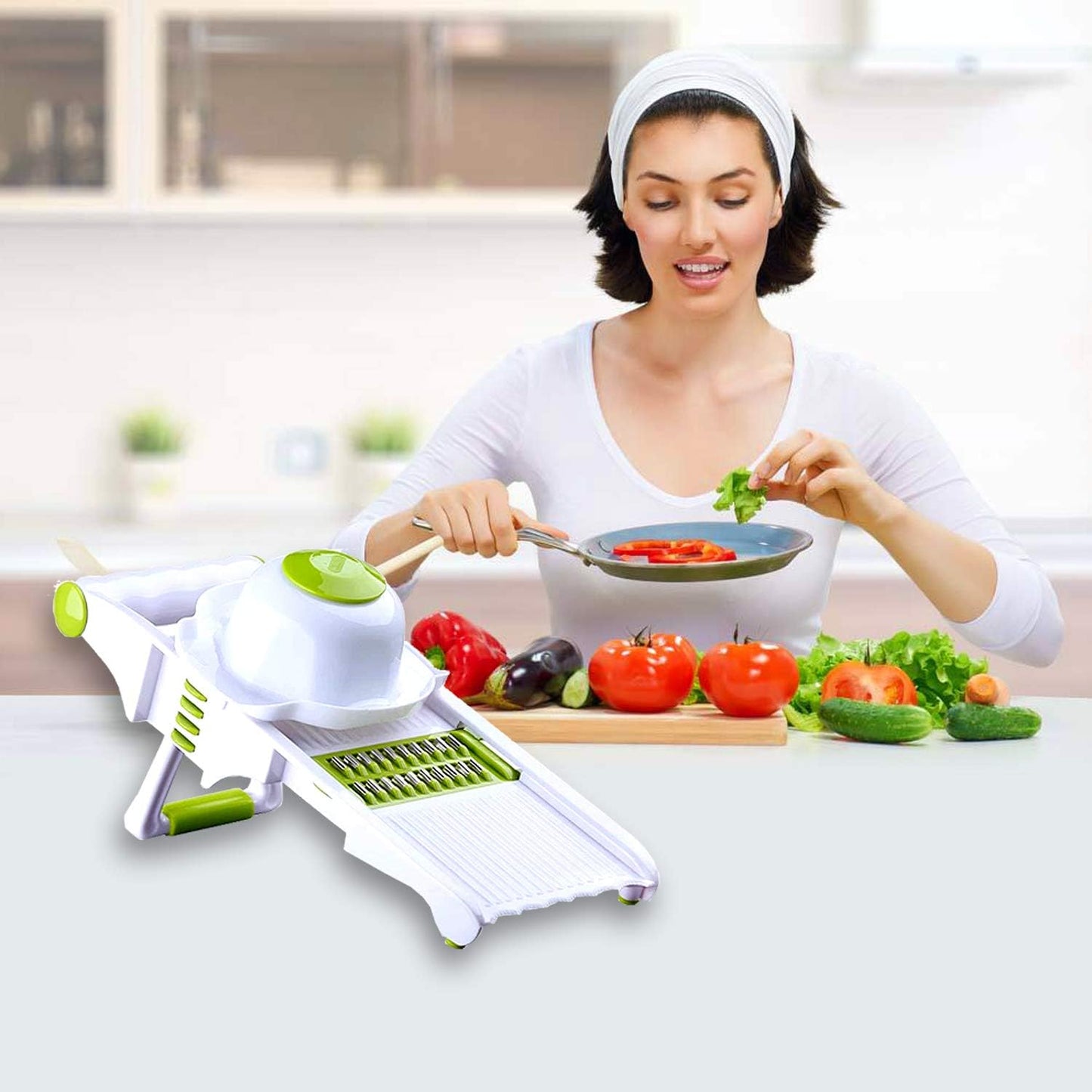 Mandoline Slicer – Adjustable Vegetable Mandolin, Fruit zucchini Slicer, French Fry Cutter,Crinkle Cutter Food Waffle,Julienne Grater,Garlic Grinder(White)
