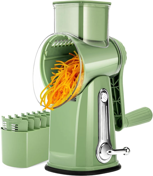Rotary Cheese Grater 5 Blades,Kitchen Mandoline Vegetable Slicer | Easy to Clean,Strong Suction Base,Blades Storage Box,Round Mandoline Slicer & Food Chopper for Cheese,Salad,Nut, Retro Green