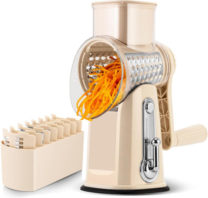 Rotary Cheese Grater 5 Blades,Kitchen Mandoline Vegetable Slicer | Easy to Clean,Strong Suction Base,Blades Storage Box,Round Mandoline Slicer & Food Chopper for Cheese,Salad,Nut, Retro Green
