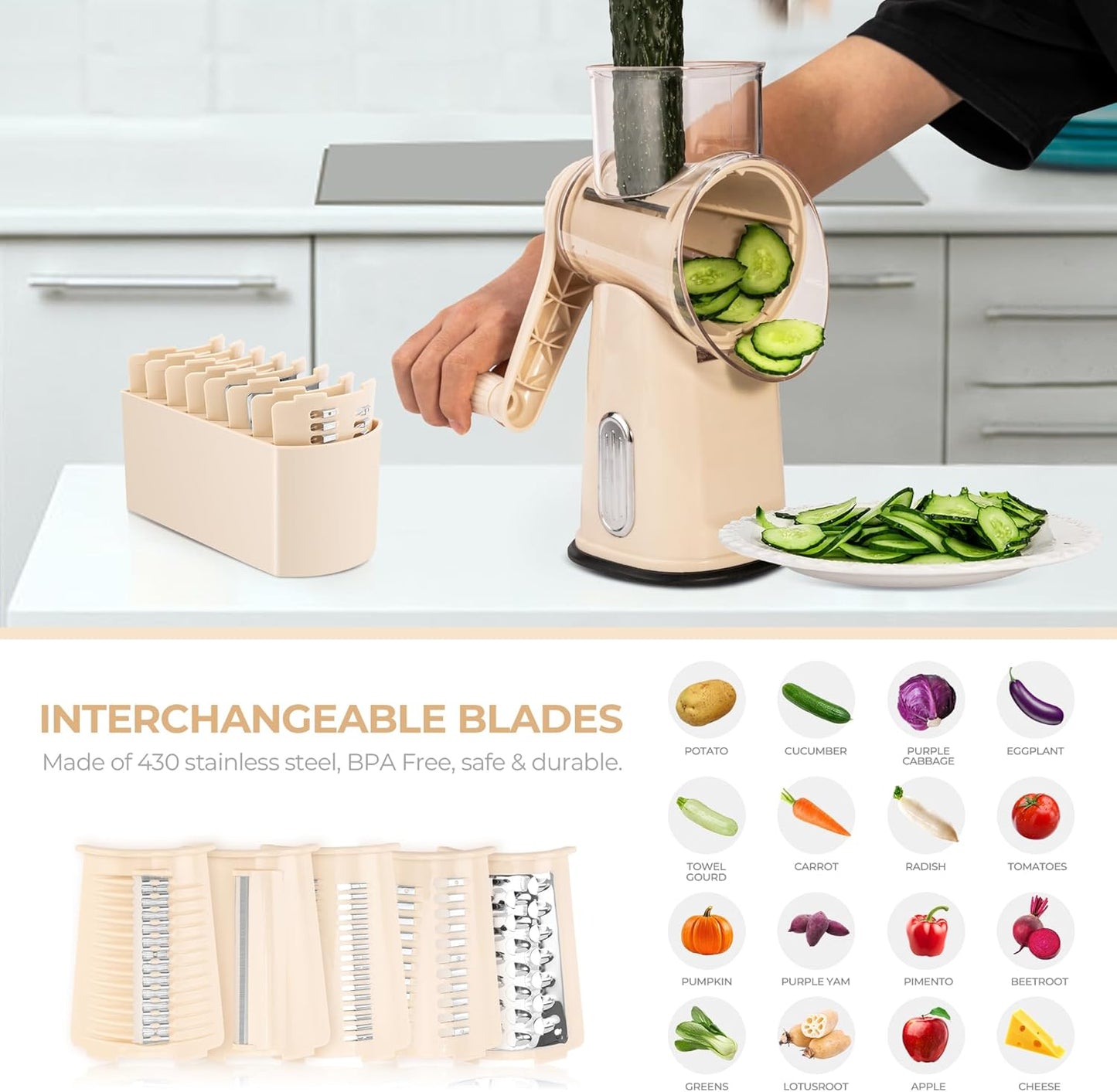 Rotary Cheese Grater 5 Blades,Kitchen Mandoline Vegetable Slicer | Easy to Clean,Strong Suction Base,Blades Storage Box,Round Mandoline Slicer & Food Chopper for Cheese,Salad,Nut, Retro Green