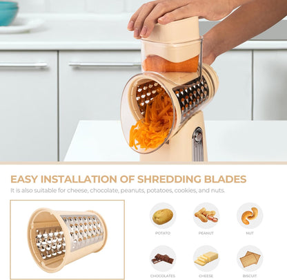 Rotary Cheese Grater 5 Blades,Kitchen Mandoline Vegetable Slicer | Easy to Clean,Strong Suction Base,Blades Storage Box,Round Mandoline Slicer & Food Chopper for Cheese,Salad,Nut, Retro Green