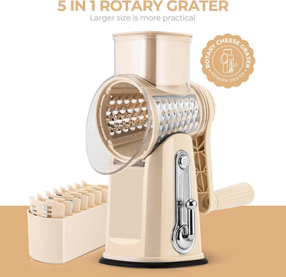 Rotary Cheese Grater 5 Blades,Kitchen Mandoline Vegetable Slicer | Easy to Clean,Strong Suction Base,Blades Storage Box,Round Mandoline Slicer & Food Chopper for Cheese,Salad,Nut, Retro Green