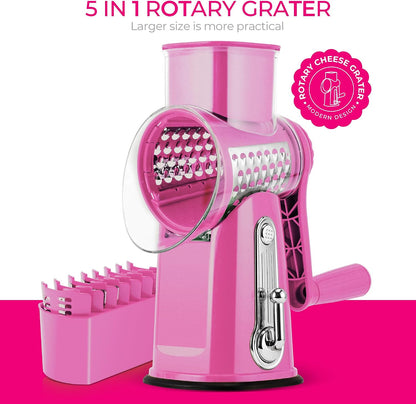 Rotary Cheese Grater 5 Blades,Kitchen Mandoline Vegetable Slicer | Easy to Clean,Strong Suction Base,Blades Storage Box,Round Mandoline Slicer & Food Chopper for Cheese,Salad,Nut, Retro Green