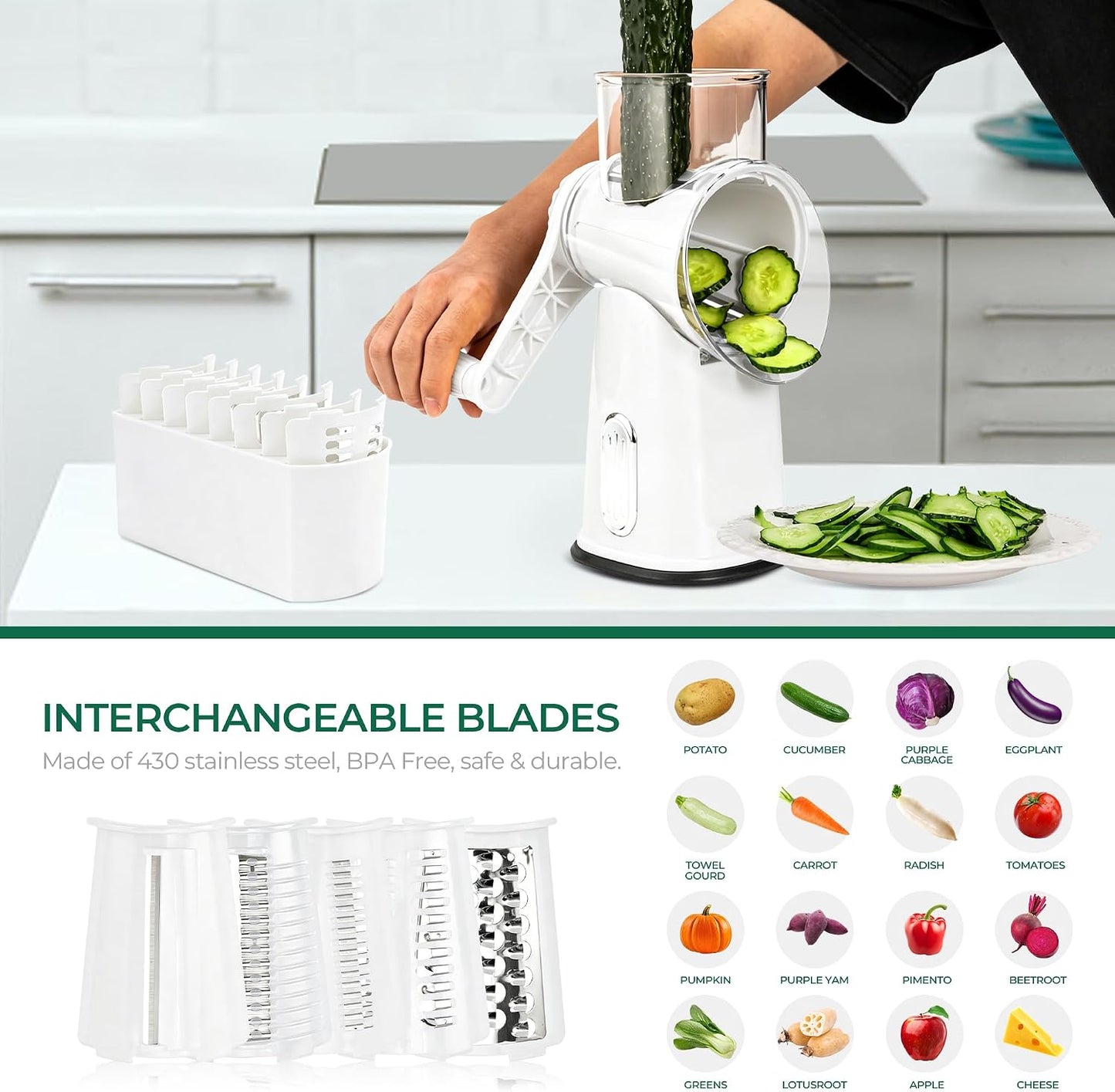 Rotary Cheese Grater 5 Blades,Kitchen Mandoline Vegetable Slicer | Easy to Clean,Strong Suction Base,Blades Storage Box,Round Mandoline Slicer & Food Chopper for Cheese,Salad,Nut, Retro Green