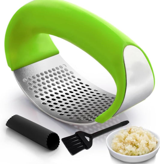 Stainless Steel Garlic Press Rocker Set with Silicone Garlic Peeler & Cleaning Brush – Garlic Chopper, Mincer, Grater, Crusher – Easy for Crushed Cloves – Rust-Resistant, Green